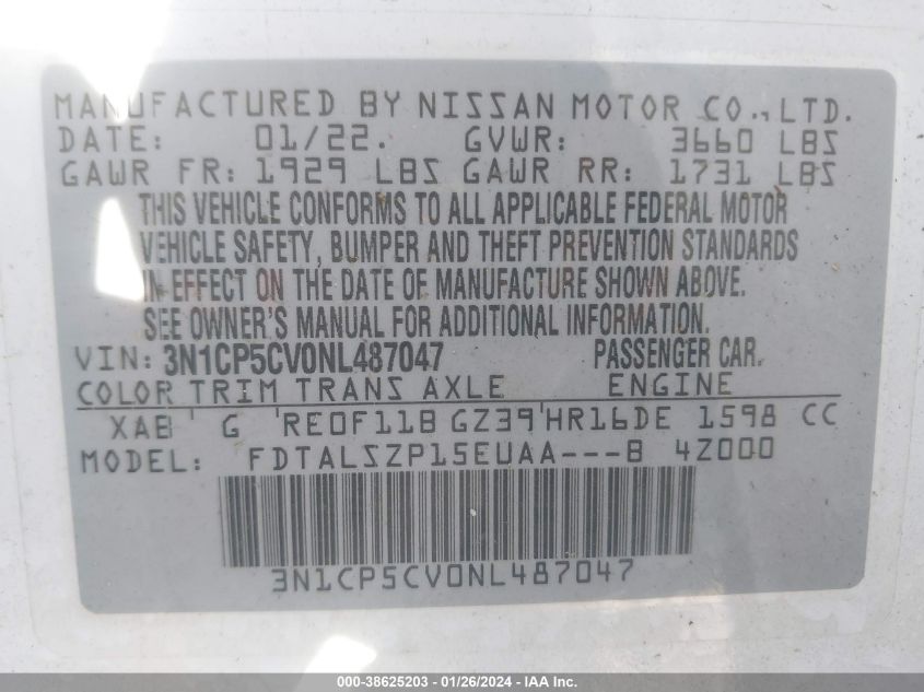 2022 NISSAN KICKS SV XTRONIC CVT - 3N1CP5CV0NL487047
