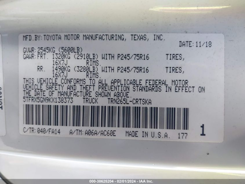 2019 TOYOTA TACOMA ACCESS CAB/SR/SR5/TRD SPORT - 5TFRX5GN9KX138373