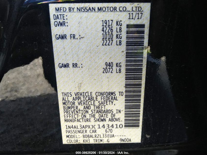 2018 NISSAN ALTIMA 2.5 SL - 1N4AL3APXJC143410