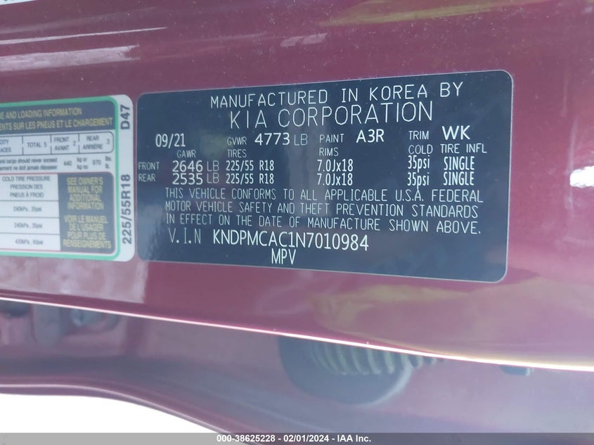 VIN KNDPMCAC1N7010984 2022 KIA SPORTAGE LX