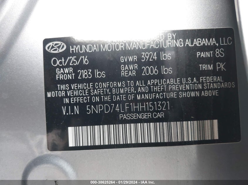VIN 5NPD74LF1HH151321 2017 HYUNDAI ELANTRA SE