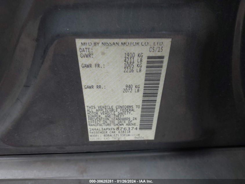 2015 NISSAN ALTIMA 2.5 S - 1N4AL3APXFN876374