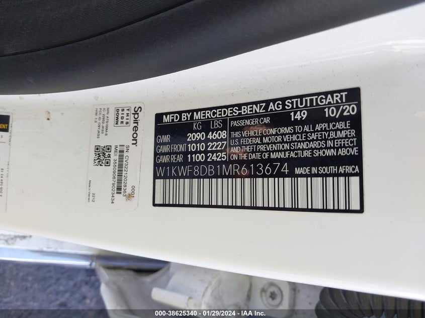 2021 MERCEDES-BENZ C 300 2.0L I-4 DI, DOHC, V(VIN: W1KWF8DB1MR613674