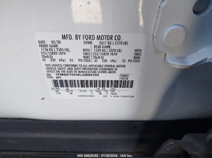 2020 FORD EXPLORER XLT - 1FMSK7DH9LGB80355