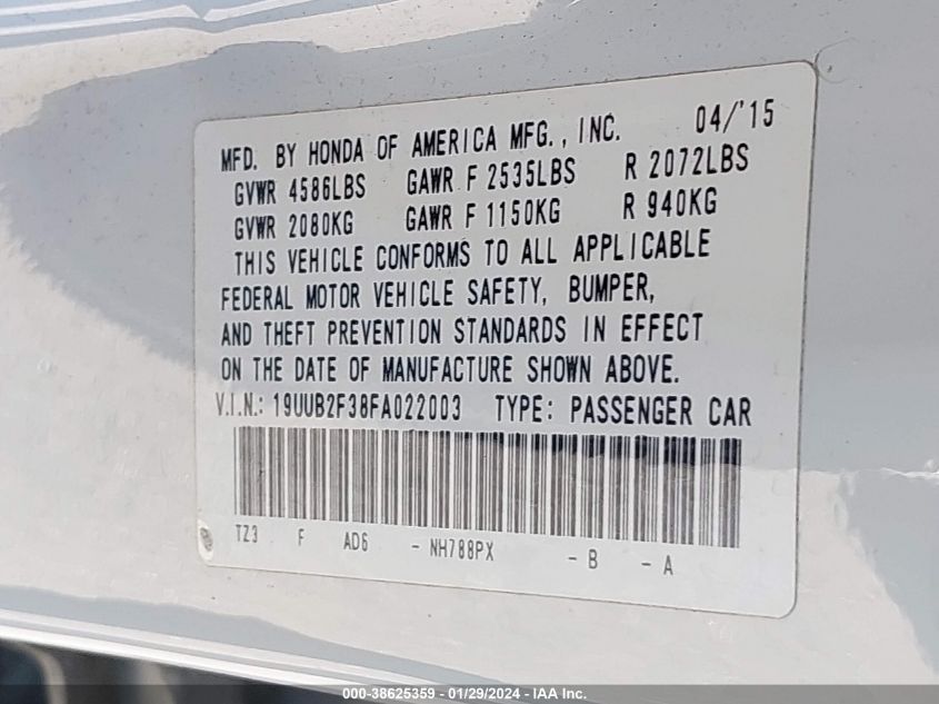 2015 ACURA TLX V6 - 19UUB2F38FA022003