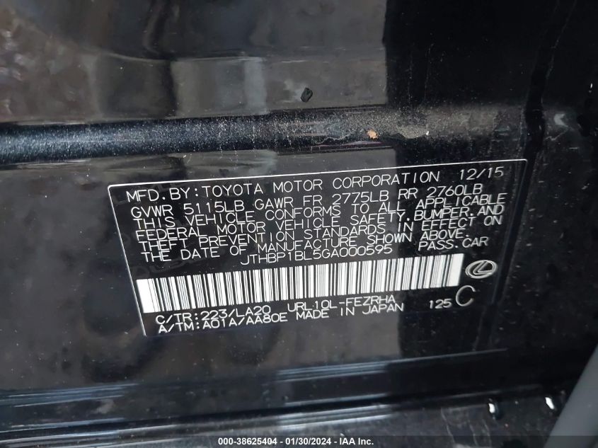 2016 LEXUS GS F JTHBP1BL5GA000595