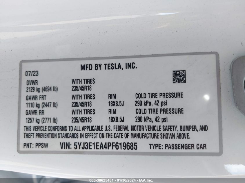 2023 TESLA MODEL 3 - 5YJ3E1EA4PF619685