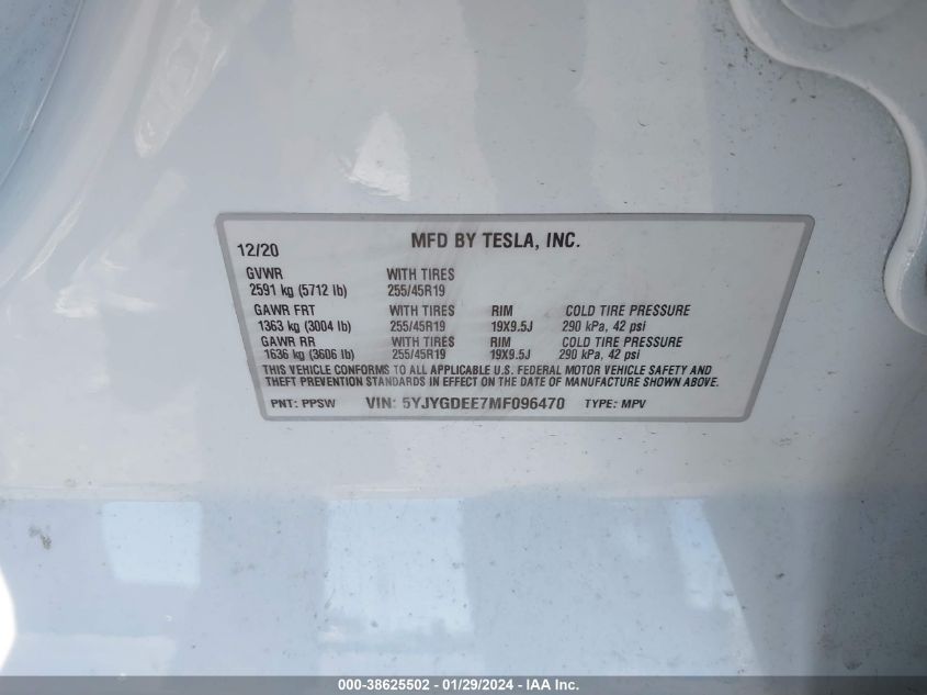 2021 TESLA MODEL Y LONG RANGE DUAL MOTOR ALL-WHEEL DRIVE - 5YJYGDEE7MF096470