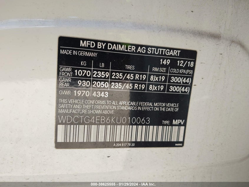 VIN WDCTG4EB6KU010063 2019 MERCEDES-BENZ GLA 250
