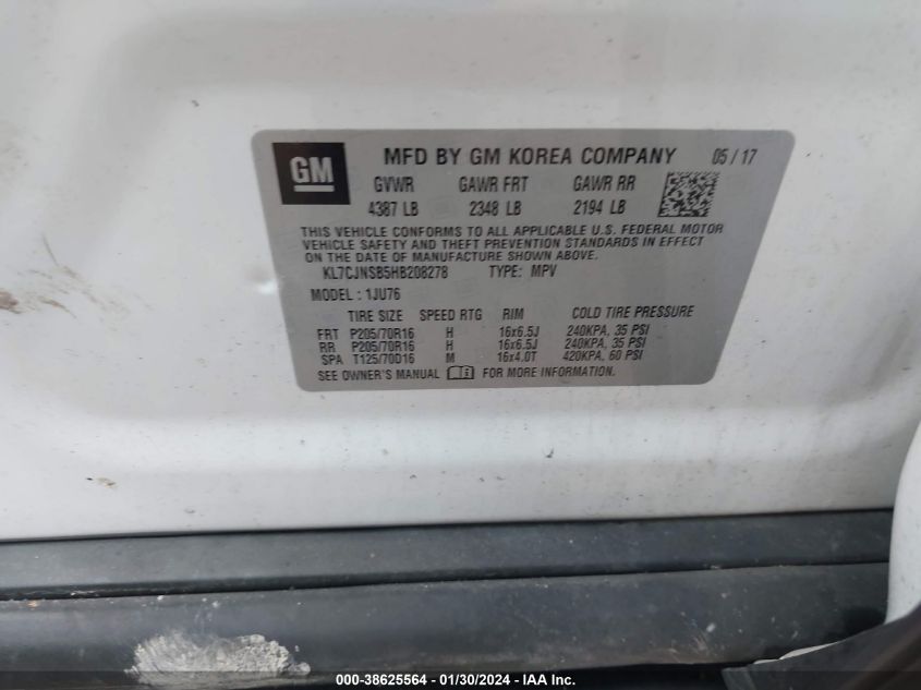 2017 CHEVROLET TRAX LS - KL7CJNSB5HB208278