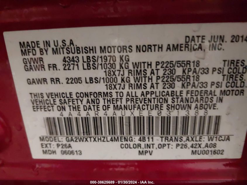 2014 MITSUBISHI OUTLANDER SPORT SE - 4A4AR4AUXEE031388