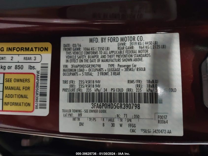 2016 FORD FUSION SE - 3FA6P0HD5GR390798