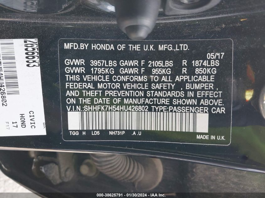 2017 HONDA CIVIC EX - SHHFK7H54HU426802