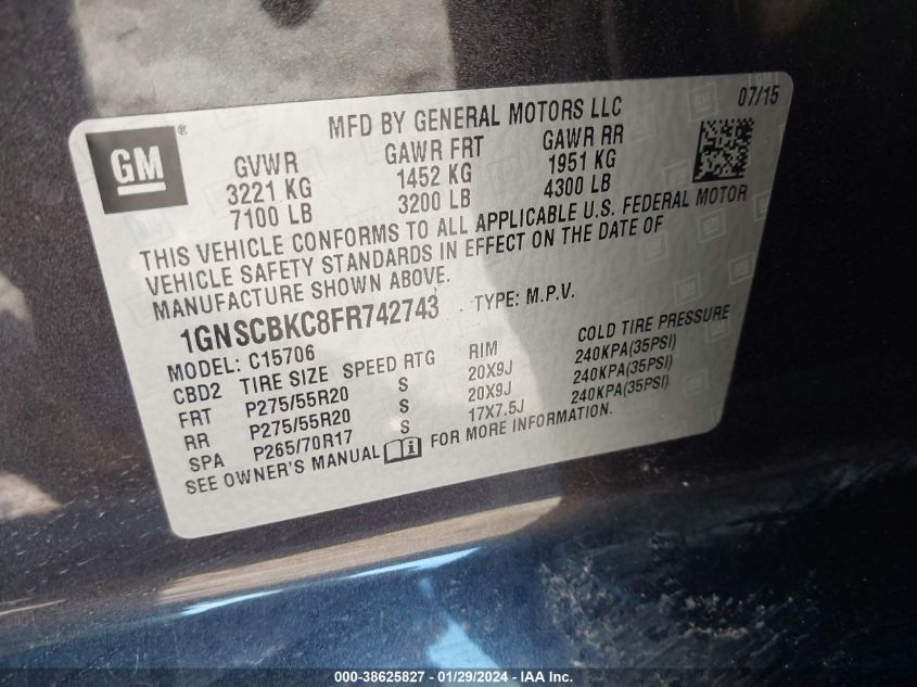 2015 CHEVROLET TAHOE LT - 1GNSCBKC8FR742743