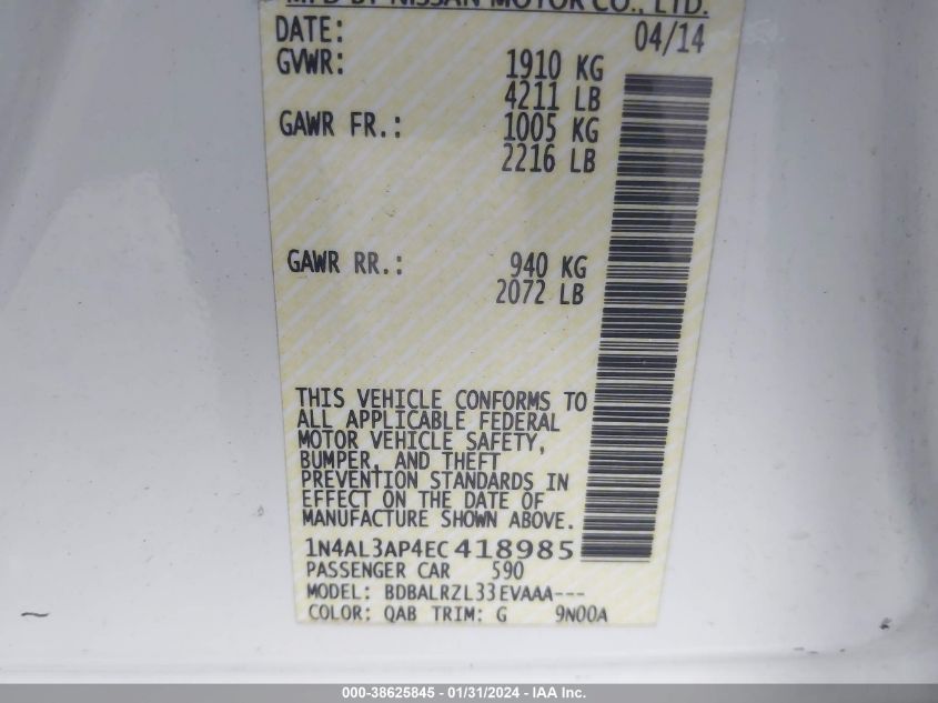2014 NISSAN ALTIMA 2.5/2.5 S/2.5 SL/2.5 SV - 1N4AL3AP4EC418985