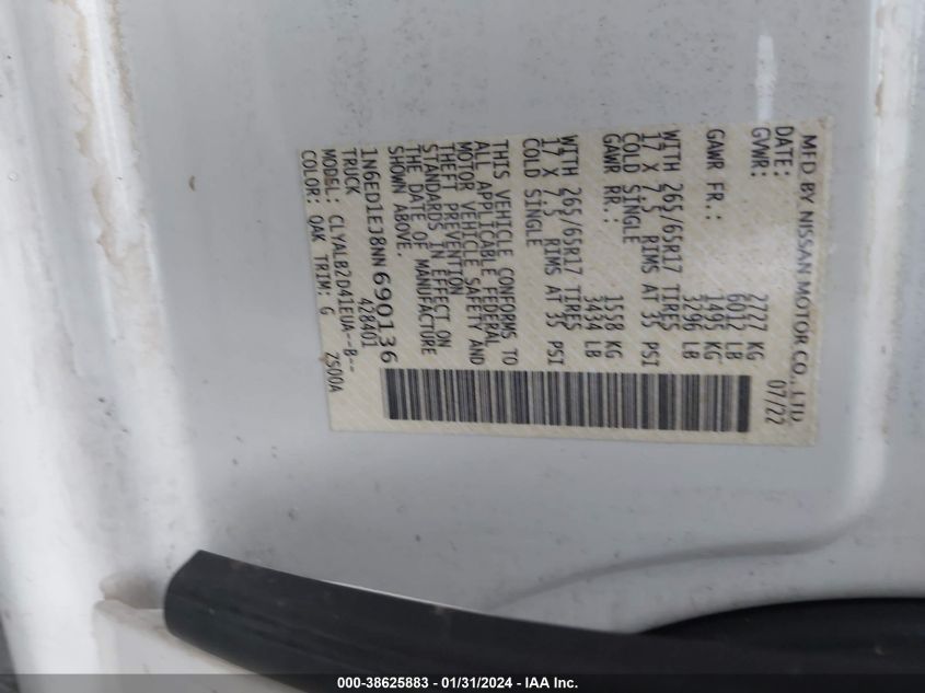 2022 NISSAN FRONTIER S/SV/PRO-X - 1N6ED1EJ8NN690136