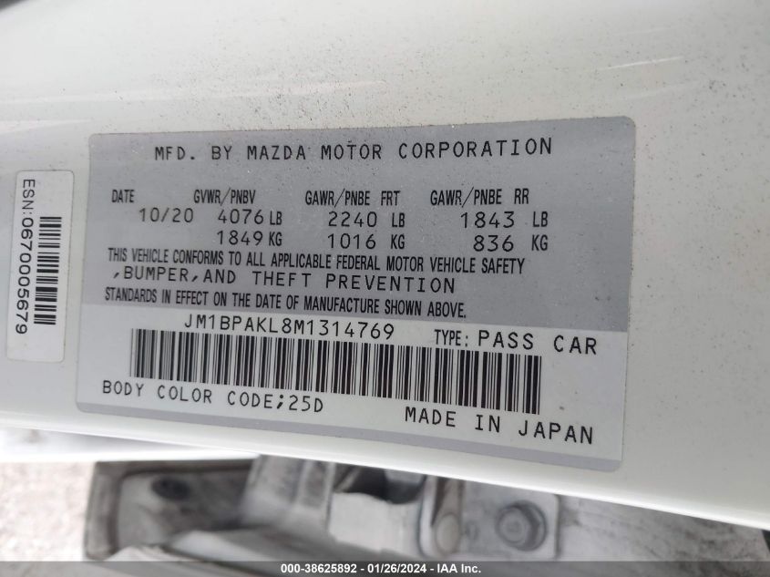 2021 MAZDA MAZDA3 SELECT - JM1BPAKL8M1314769