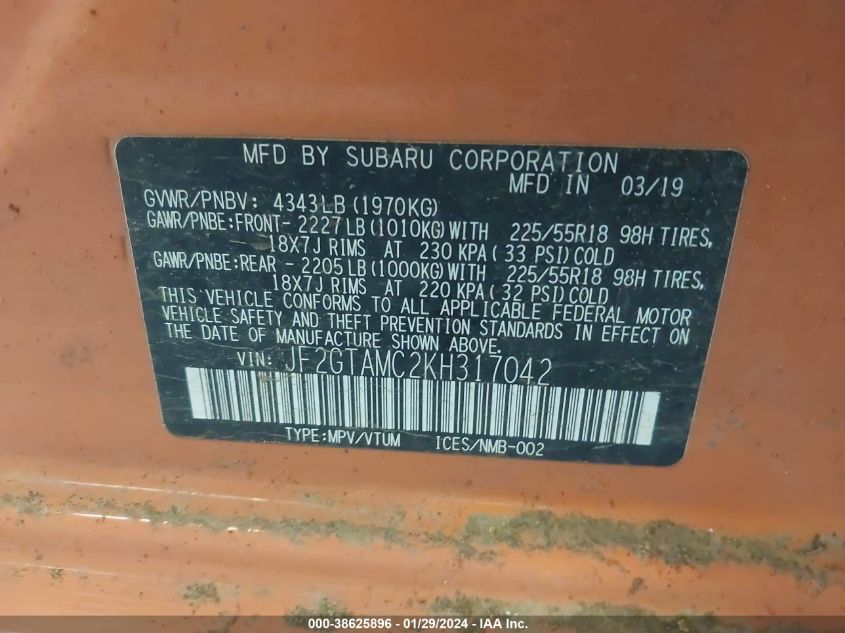 2019 SUBARU CROSSTREK 2.0I LIMITED - JF2GTAMC2KH317042