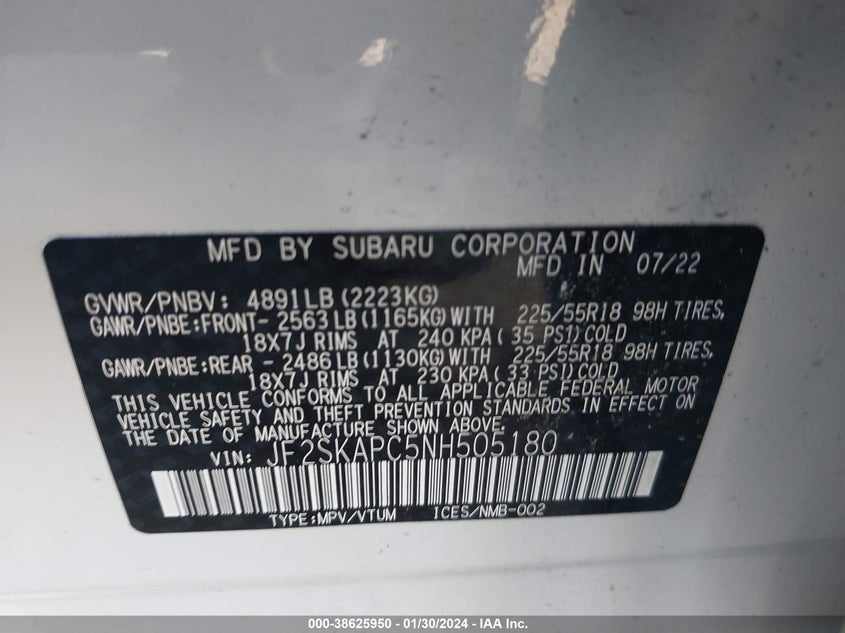 VIN JF2SKAPC5NH505180 2022 SUBARU FORESTER LIMITED
