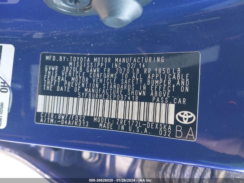 2014 TOYOTA COROLLA S PLUS - 5YFBURHE3EP097418