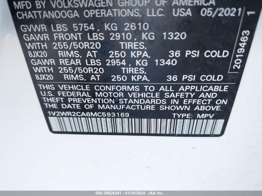 2021 VOLKSWAGEN ATLAS SE - 1V2WR2CA6MC593169