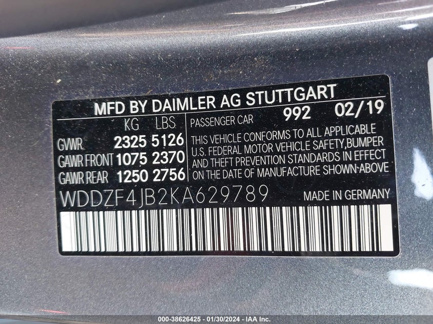 VIN WDDZF4JB2KA629789 2019 MERCEDES-BENZ E 300