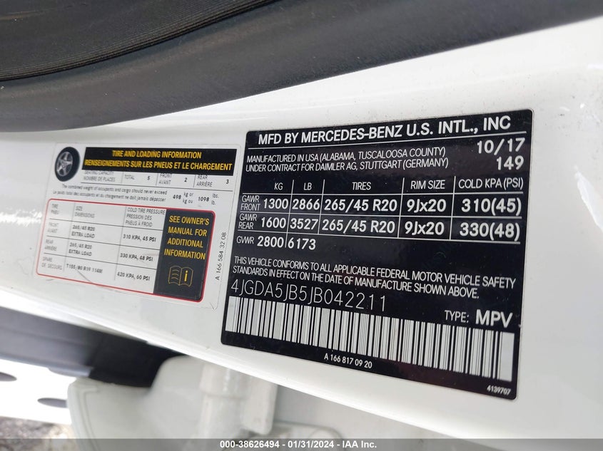 VIN 4JGDA5JB5JB042211 2018 MERCEDES-BENZ GLE 350