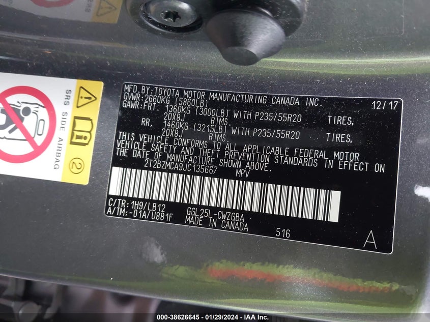 VIN 2T2BZMCA9JC135667 2018 LEXUS RX 350