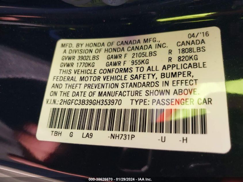 2016 HONDA CIVIC EX-T - 2HGFC3B39GH353970