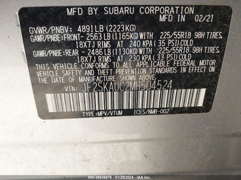 2021 SUBARU FORESTER LIMITED - JF2SKAUC2MH504524