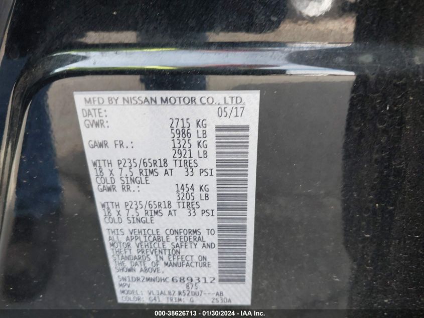 2017 NISSAN PATHFINDER S/SV/SL/PLATINUM - 5N1DR2MN0HC689312