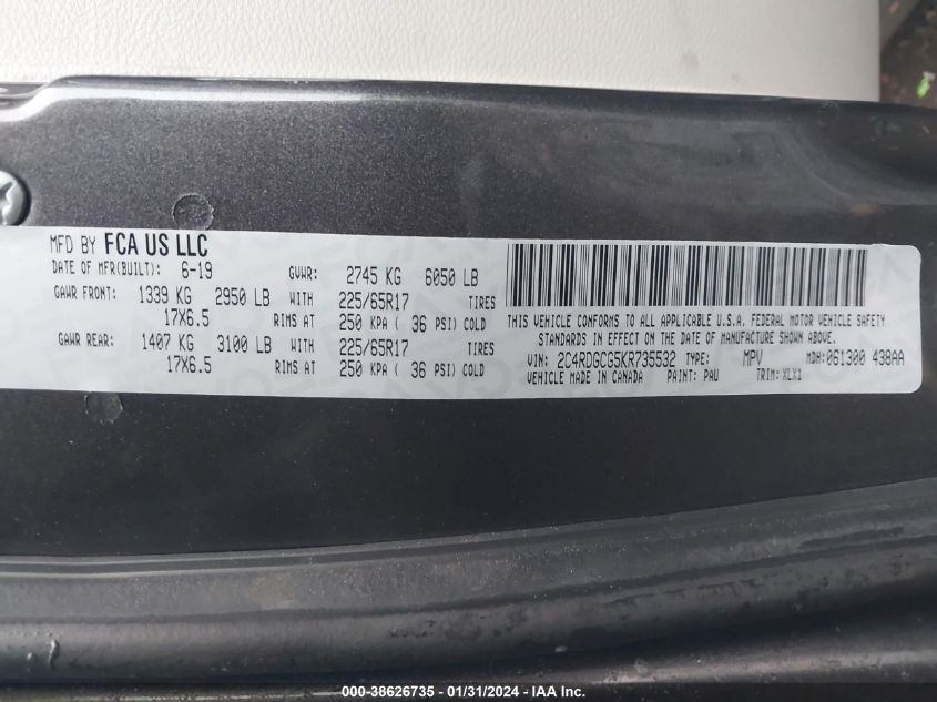 2019 DODGE GRAND CARAVAN SXT - 2C4RDGCG5KR735532