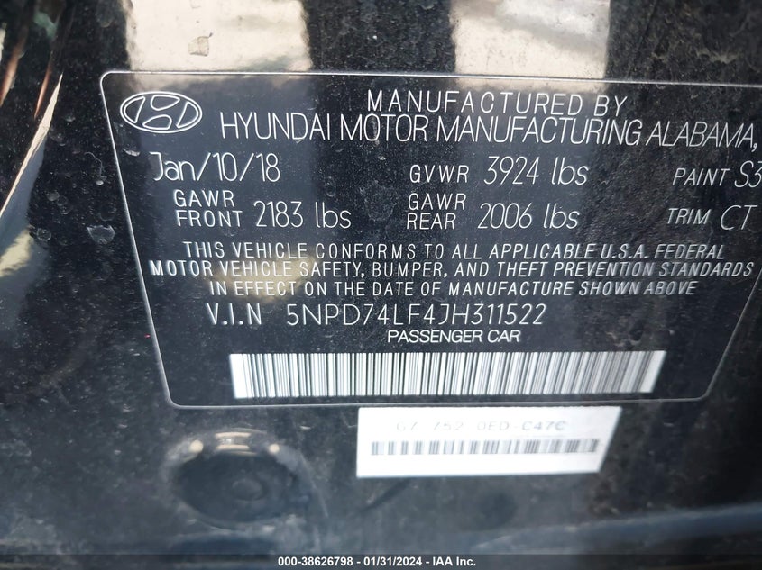 VIN 5NPD74LF4JH311522 2018 HYUNDAI ELANTRA SE