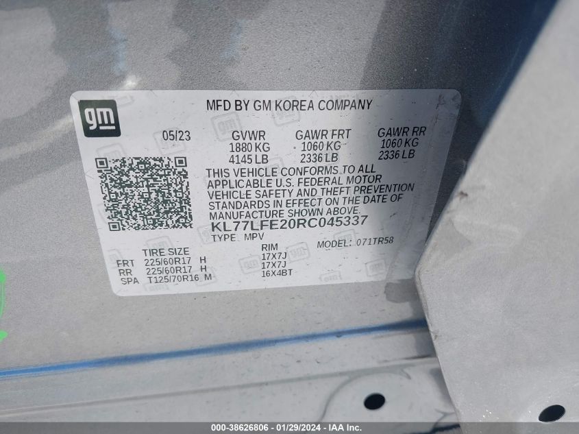 2024 CHEVROLET TRAX FWD SP - KL77LFE20RC045337