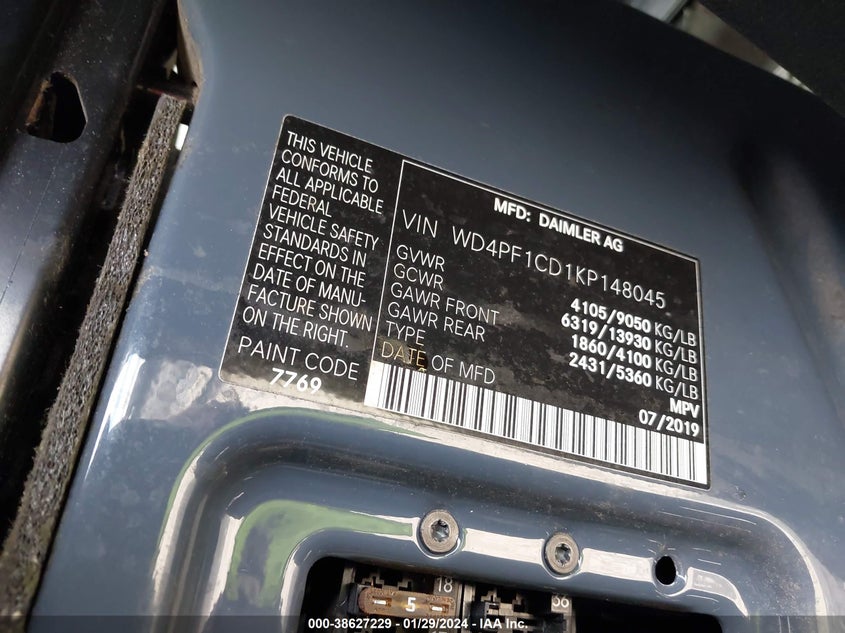 VIN WD4PF1CD1KP148045 2019 MERCEDES-BENZ SPRINTER 2500 HIGH ROOF V6