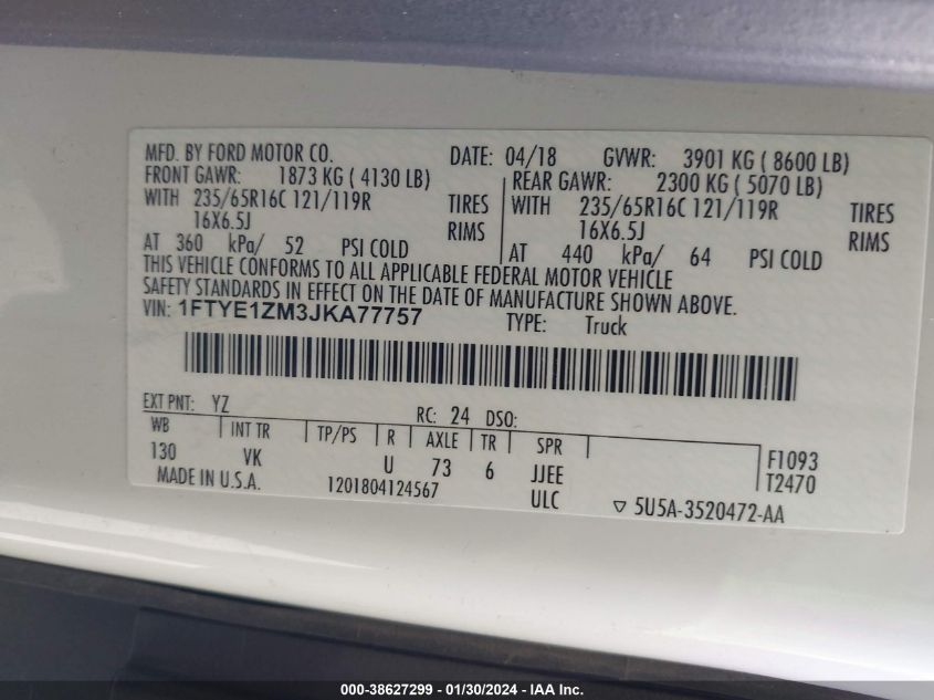 2018 FORD TRANSIT-150 - 1FTYE1ZM3JKA77757