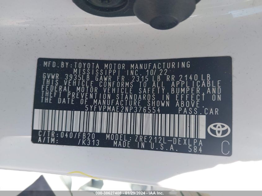 2022 TOYOTA COROLLA LE - 5YFVPMAE2NP376554