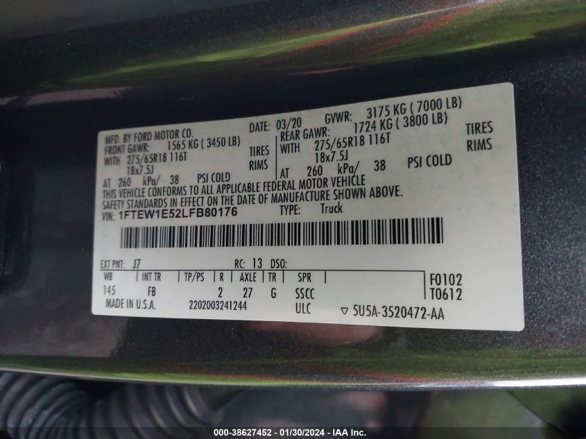 2020 FORD F-150 XLT - 1FTEW1E52LFB80176