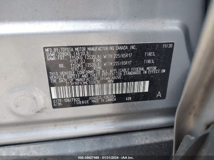 2021 TOYOTA RAV4 LE - 2T3H1RFV3MC100636