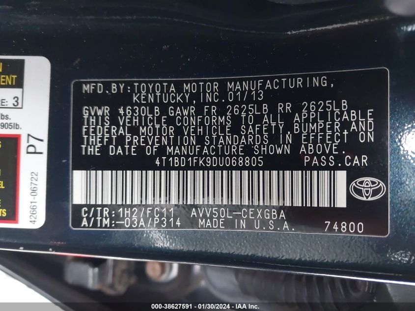 2013 TOYOTA CAMRY HYBRID HYBRID/LE/XLE - 4T1BD1FK9DU068805