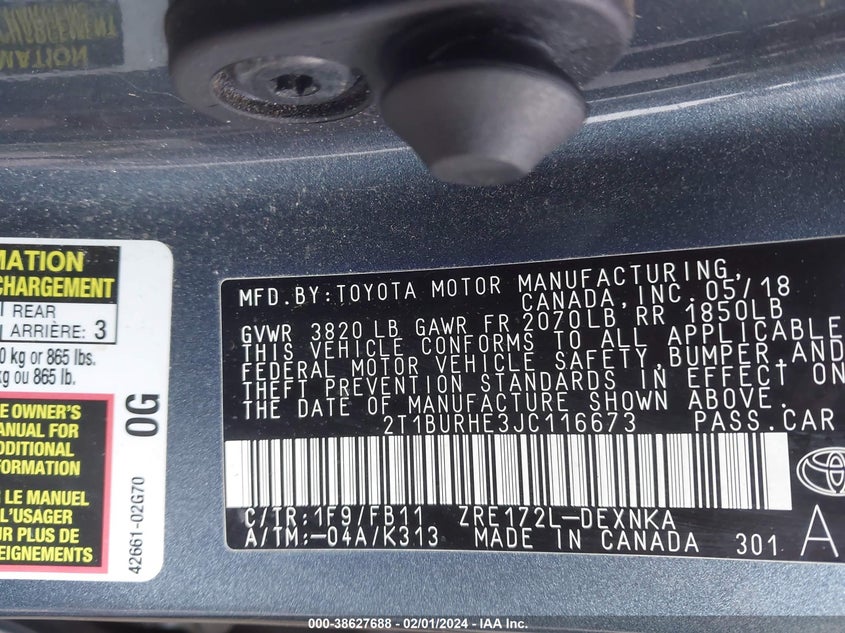 VIN 2T1BURHE3JC116673 2018 TOYOTA COROLLA LE