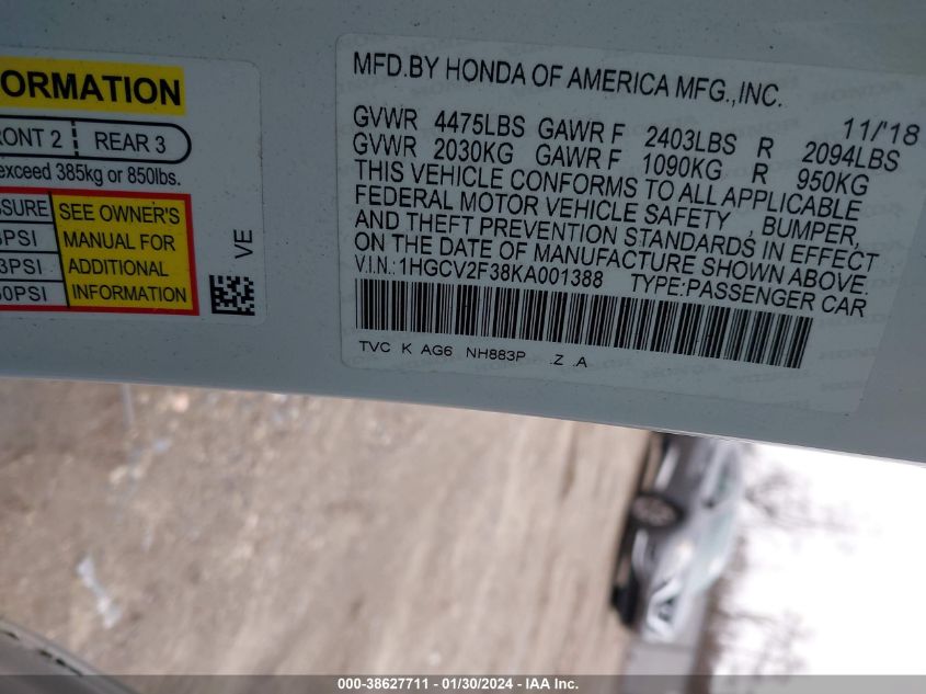 2019 HONDA ACCORD SPORT 2.0T - 1HGCV2F38KA001388