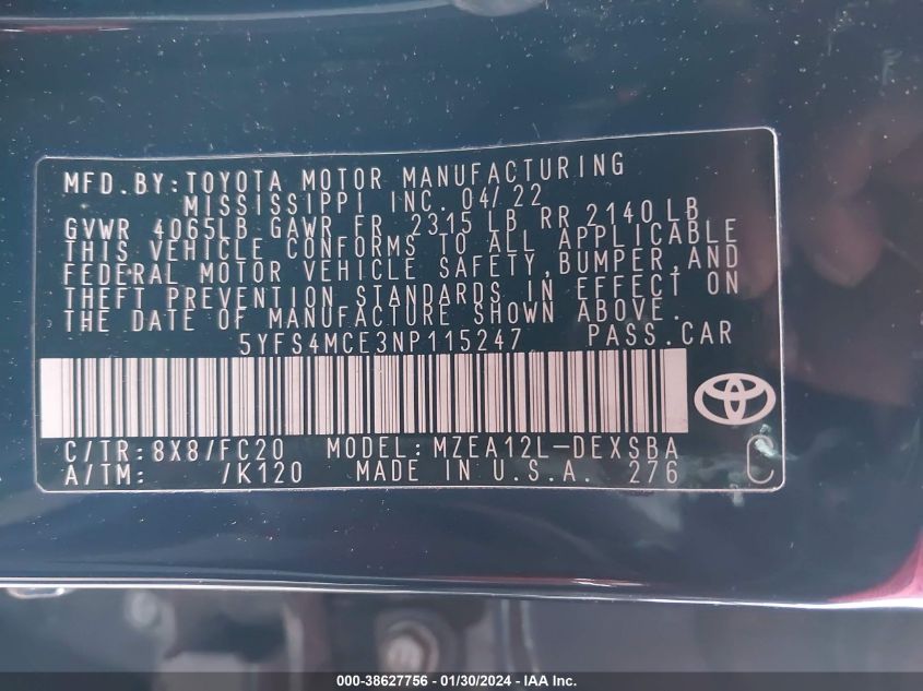 2022 TOYOTA COROLLA SE/NIGHT SHADE - 5YFS4MCE3NP115247