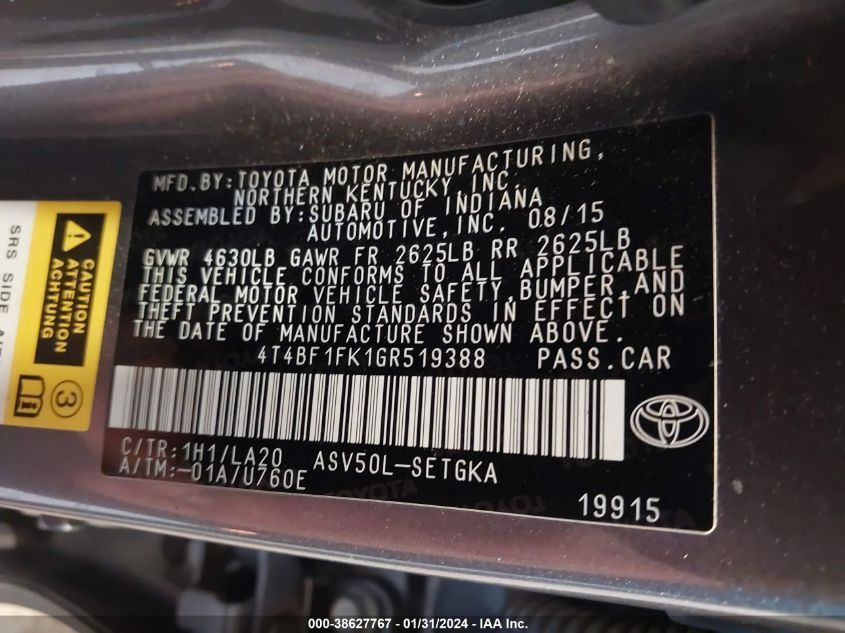 2016 TOYOTA CAMRY XLE - 4T4BF1FK1GR519388