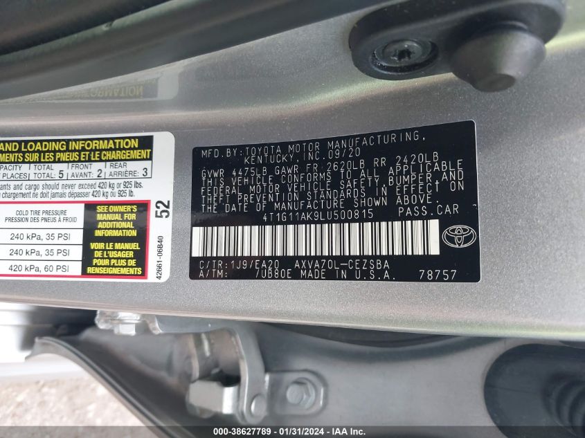 2020 TOYOTA CAMRY SE - 4T1G11AK9LU500815