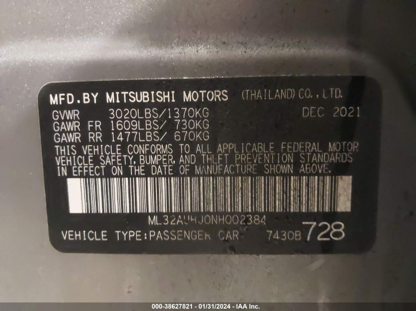 2022 MITSUBISHI MIRAGE ES - ML32AUHJ0NH002384