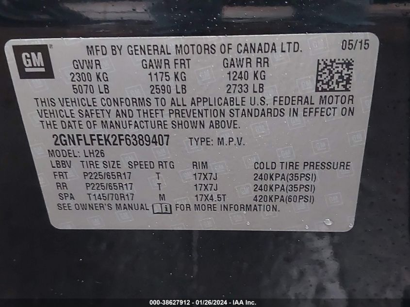 2015 CHEVROLET EQUINOX 1LT - 2GNFLFEK2F6389407