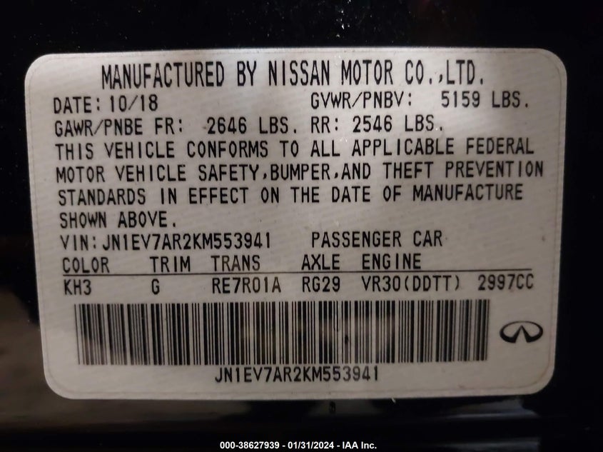 VIN JN1EV7AR2KM553941 2019 INFINITI Q50 3.0T LUXE