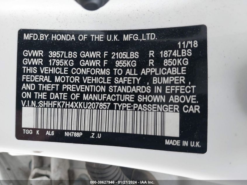 2019 HONDA CIVIC SPORT - SHHFK7H4XKU207857