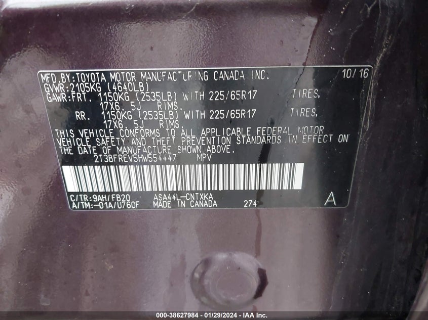 VIN 2T3BFREV5HW554447 2017 TOYOTA RAV4 LE